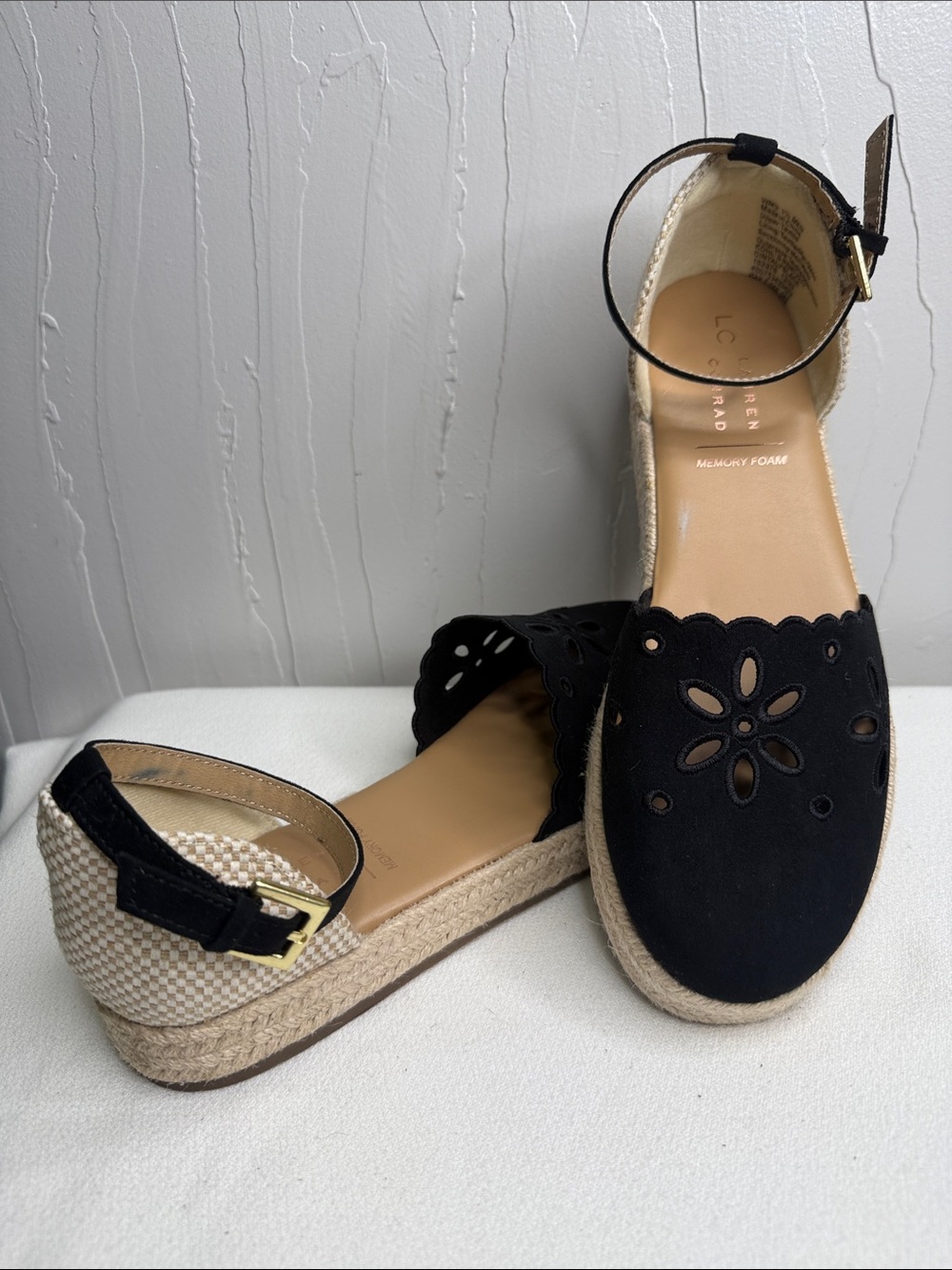LC Lauren Conrad Black Floral Cutout Espadrille Flats with Ankle Strap